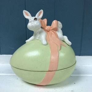 Vintage Atlantic Mold Ceramic Egg /‎ Rabbit Figurine Candy Dish Bunny